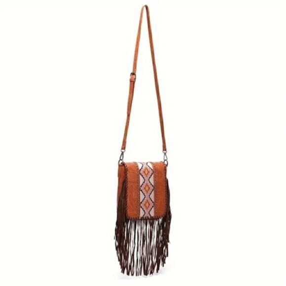 Vintage Bohemian Style Rivet Crossbody Bag, Tassel Aztec Tribal Fringe Purse - Picture 4 of 8